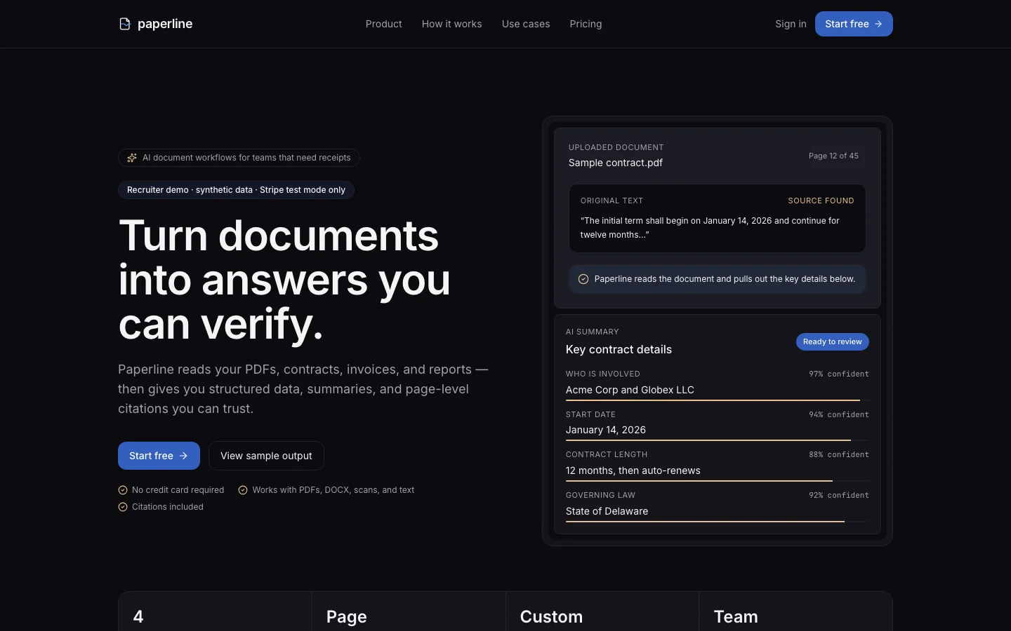Paperline homepage and document extraction interface